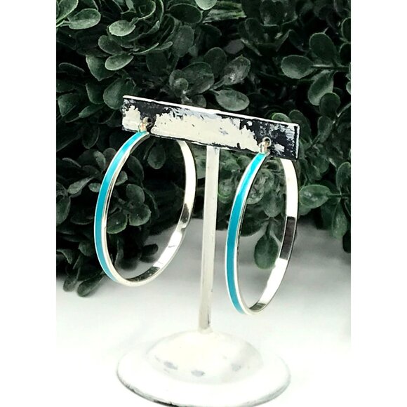 Silver Tone Hoop Earrings With Aqua Enamel Accent - Picture 7 of 7